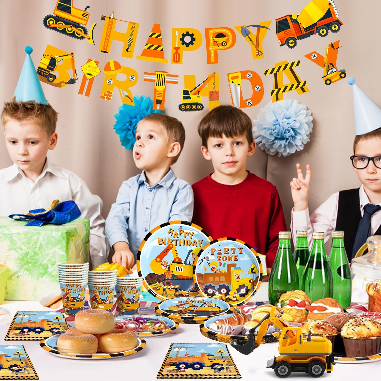 80Pcs Construction Party Supplies Tableware Set-Construction Birthday Party Plates Cups Napkins Tablecloth Banner Etc Construction Party Tableware for Dump Truck Excavator Construction Theme Party image number 5