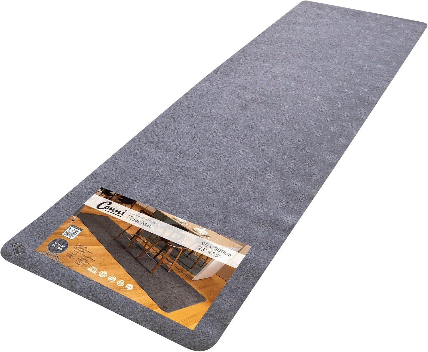 Conni Anti-Slip Floor Mat - Mid Runner, Waterproof and Absorbent, Low Profile, Contains Spill and Leaks, Grey, 50 X 115 Cm