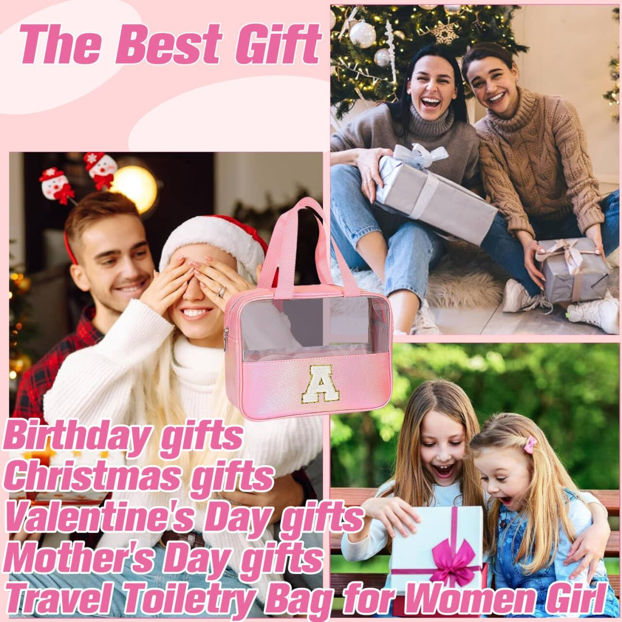 Personalised Transparent Cosmetic Bag, Pink Toiletry Bag, Travel Waterproof Toiletry Bag, Birthday Gifts for Girls, Women, Mothers, Best Friends and Bridesmaids, Letter V - B image number 6