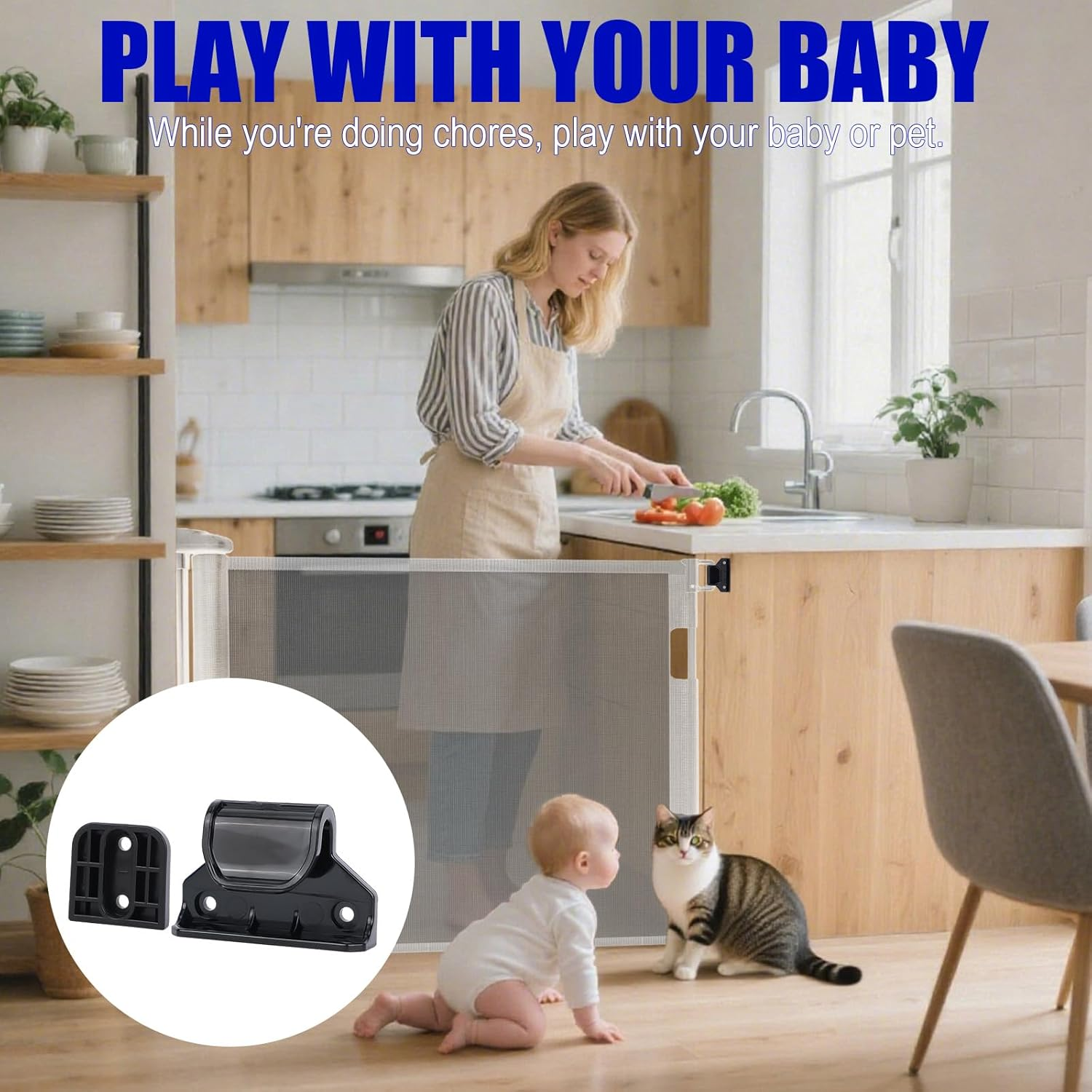 Black Retractable Baby Gate Replacement Part, 55" W X 33" H Retractable Baby Gate Extension Kit with 2 Latches 2 Brackets & 1 Set of Screws for Telescopic Doors for Babies and Pets image number 4