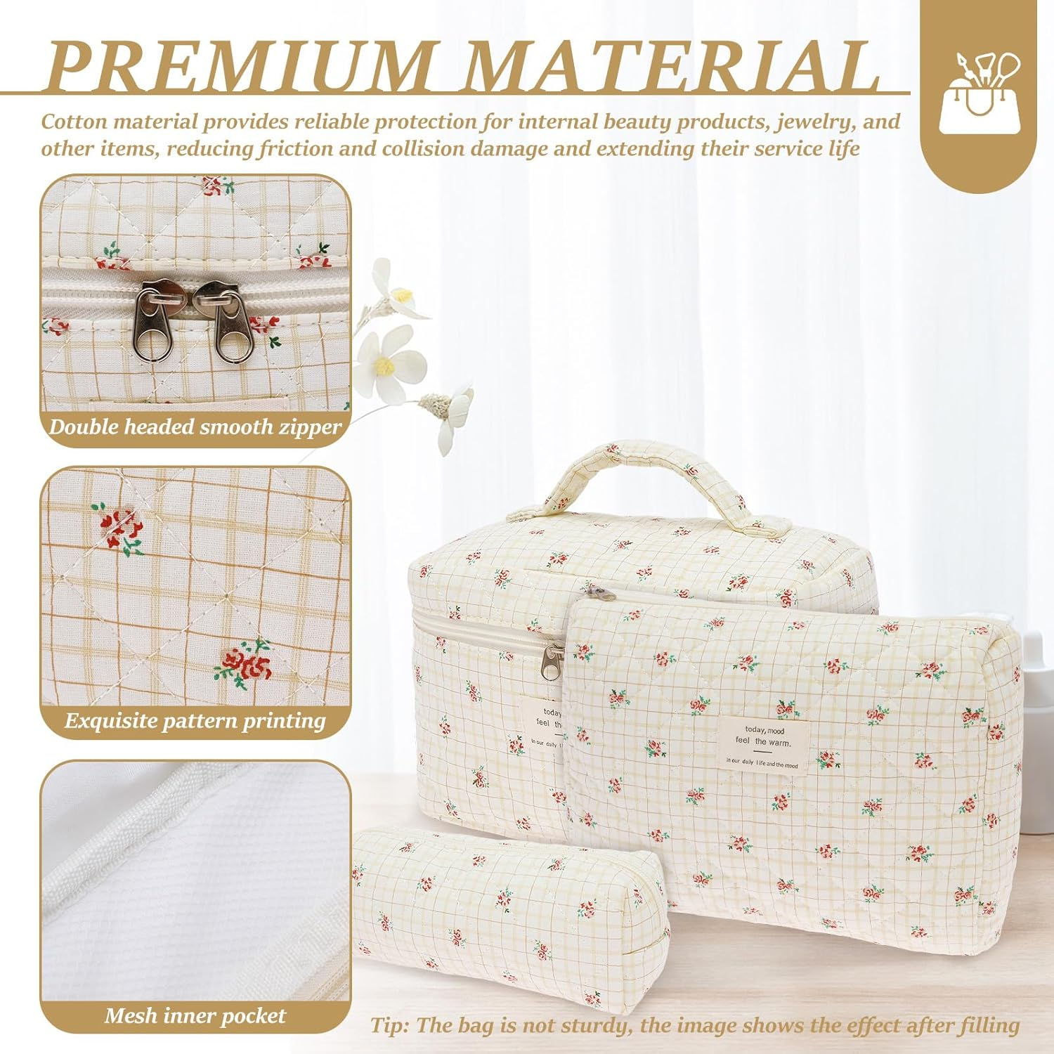 Rdjeokf 3 Pcs Makeup Bag, Large Portable Cotton Toiletry Pouch Tote, Cute Aesthetic Travel Cosmetic Bag, Cosmetic Organizer, Makeup Pouch for Women Girls, Ideal Mothers Day Gift (Style 1) image number 4