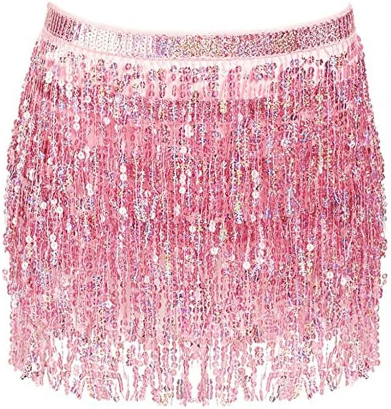 COHGUDA Women'S Sequins Tassel Skirt, Dance Performance Shorts Skirts for Celebrating Festival, Women'S Classic Sequin Tassel Skirts, Adjustable Fringe Skirt for Women, Belly Dance Skirts (Pink) image number 1