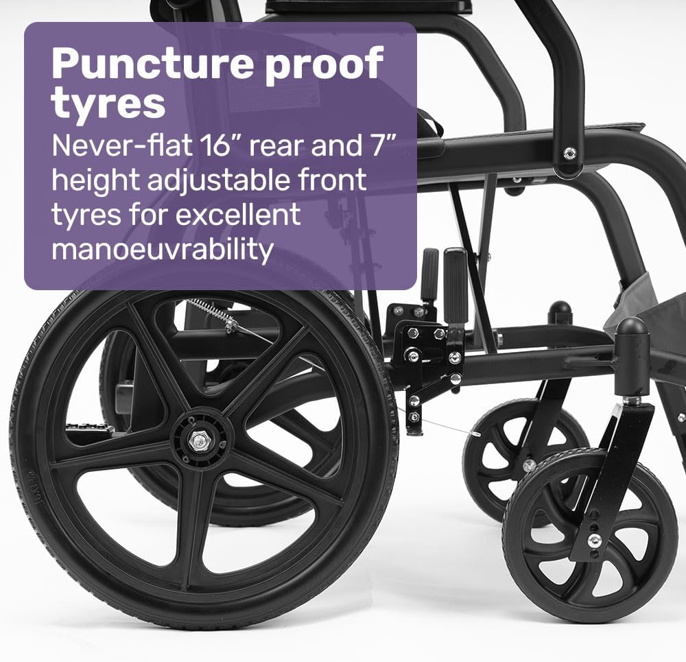 Equipmed Folding Transit Wheelchair, Lightweight Aluminium for Easy Transport, Grey