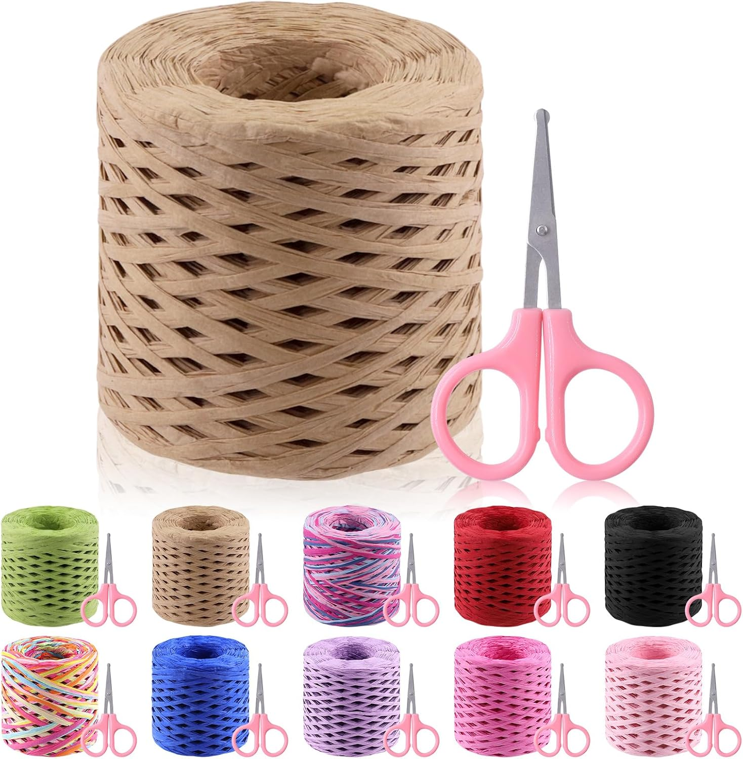 Glarks 200M Raffia Ribbon with Scissors Set, Red Paper Craft String, Natural Kraft Packing Twine for Gift Wrapping and Crafting Supplies
