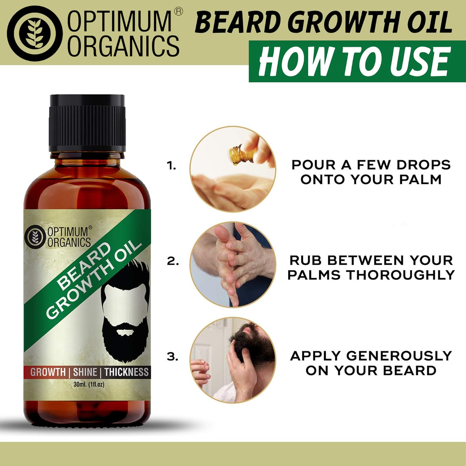 Beard Oil for Growing Beard Faster from Optimum Organics with Argan, Jojoba, Almond, Eucalyptus and Natural Extracts. image number 4