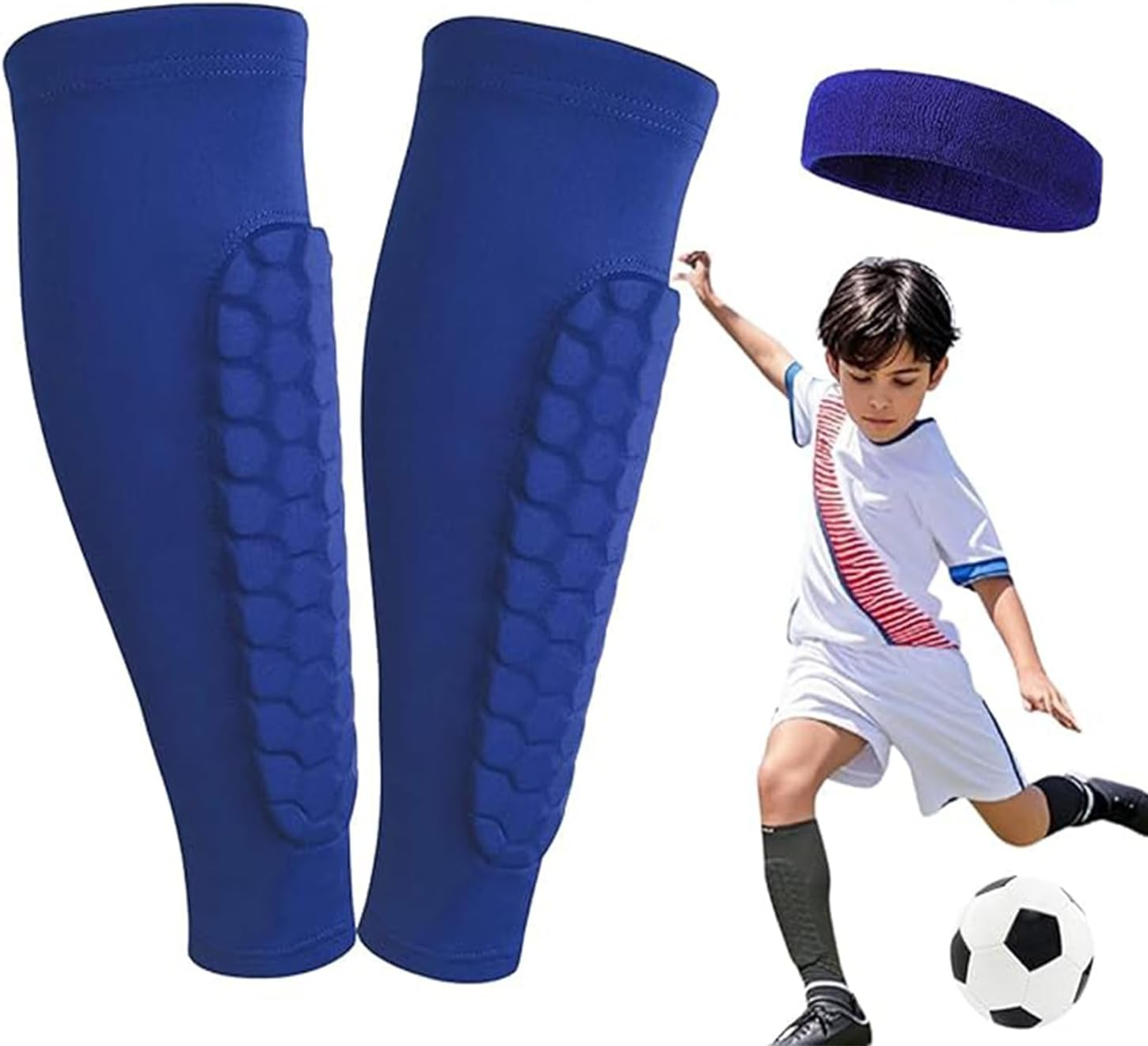 Shin Guards, Soccer Shin Guards Kids 8-10, Anti-Collision Sports Breathable Calf Protector, for Kids, Teens and Adults(Blue Small) image number 2