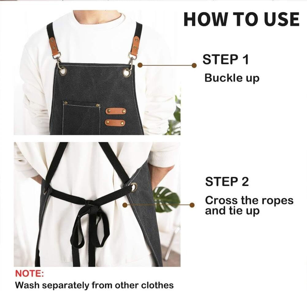 Dolemay Chef Aprons for Men Women,Cotton Canvas Cross Back Apron with Large Pockets & Adjustable Straps Kitchen Cooking Aprons Water-Resistant for BBQ Work Painting Kitchen Gardener Chef Baking image number 5