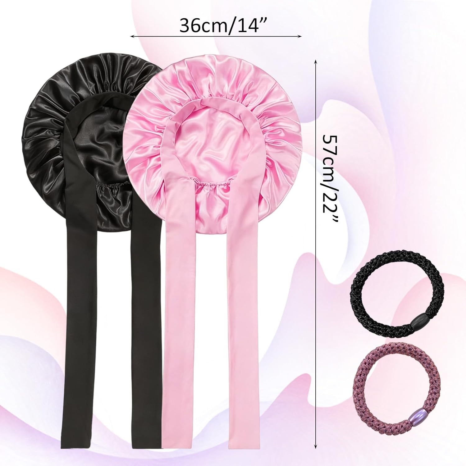 Sdhgerh Set of 2 Satin Sleep Caps, 2 Satin Hair Bands, Adjustable Silk Cap, Breathable Night Sleeping Cap for Women and Girls (Black, Pink) image number 3