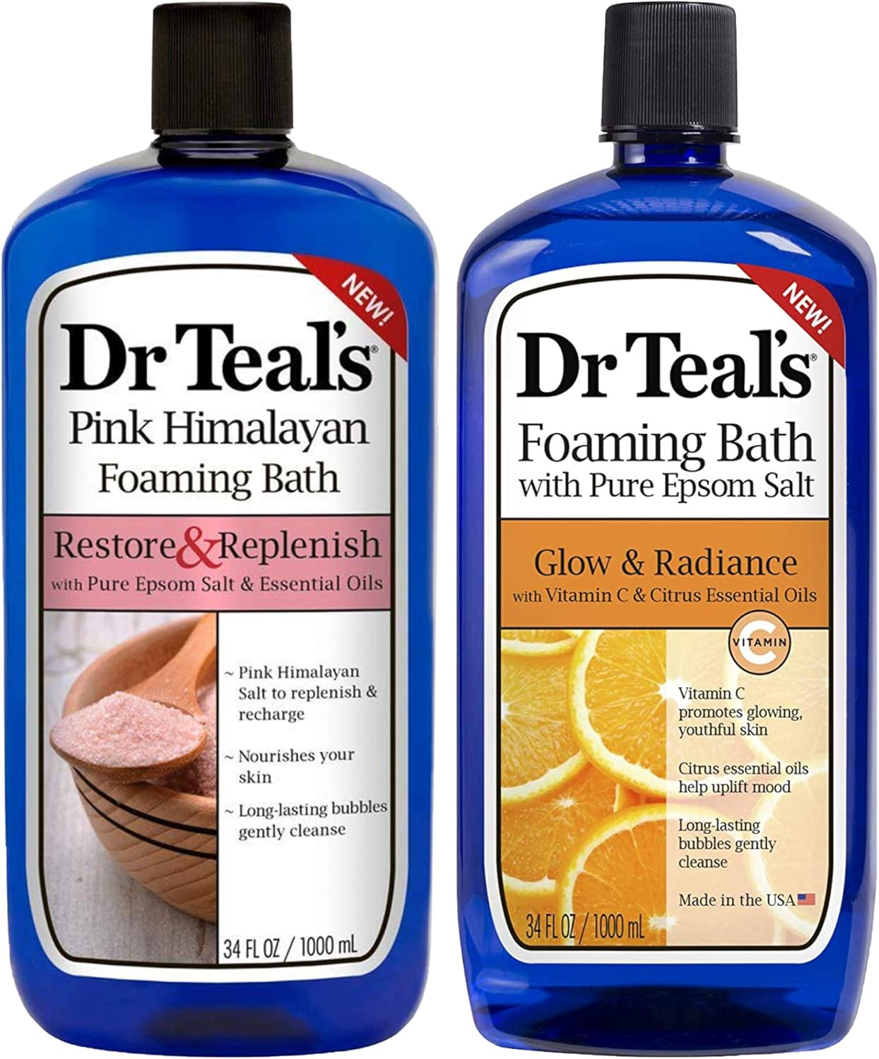 Dr Teal'S Foaming Bath Combo Pack (68 Fl Oz Total), Restore & Replenish with Pink Himalayan, and Glow & Radiance with Vitamin C and Citrus Essential Oils