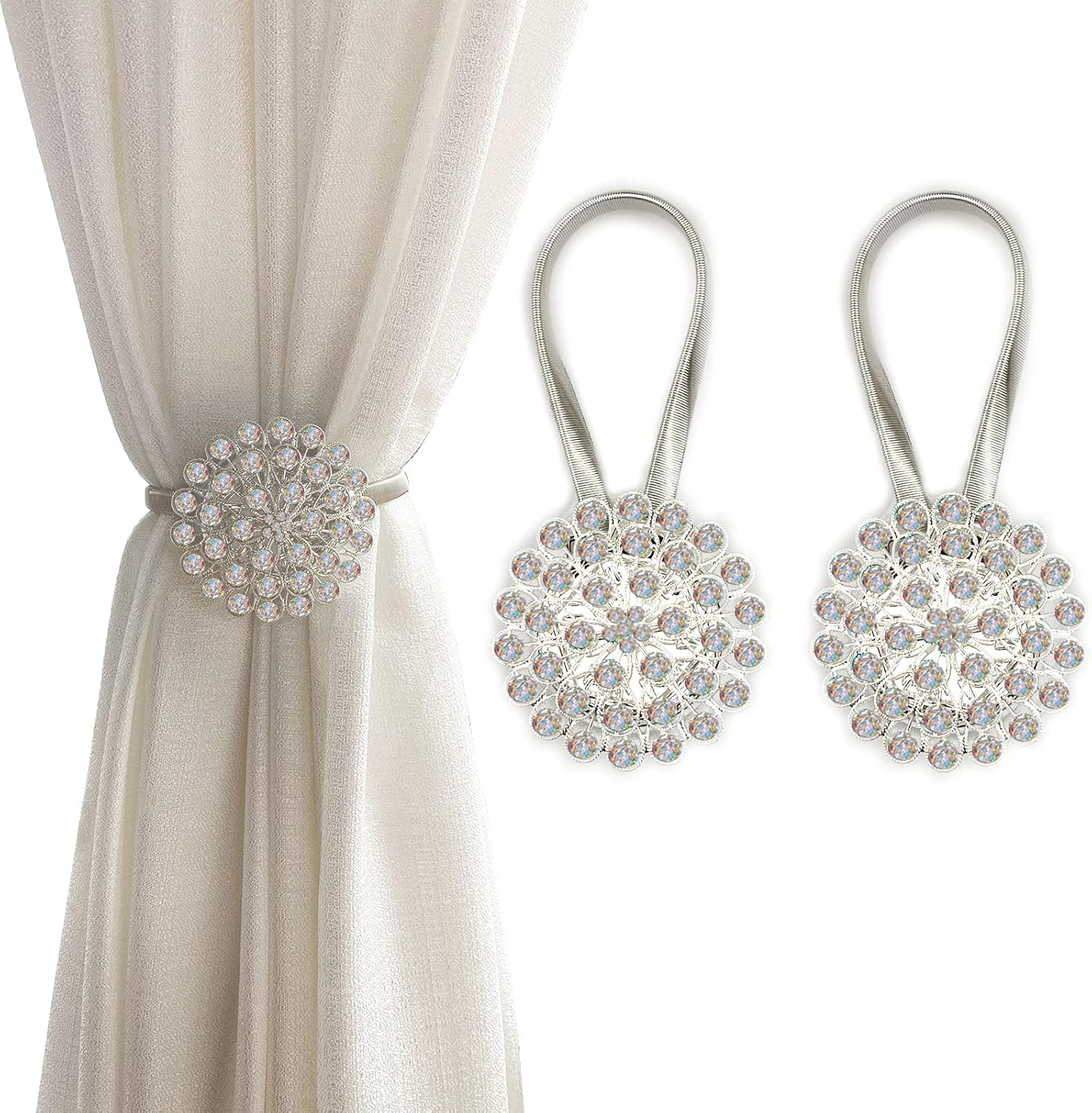 Magnetic Tiebacks for Curtains, 2 Pack Sparkling Crystal Flower Curtain Tiebacks Curtain Buckle Clips with High-Elastic Spring Wire for Home Office Decoration (Yellow)