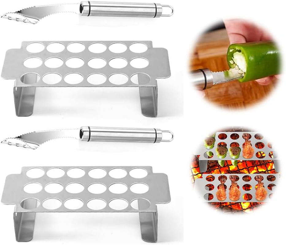 2 Pcs Stainless Steel Chili Grills with 2 Jalapeno Corer Tools, Outdoor BBQ Non-Stick Grills, Jalapeno Popper Holder for Grills, Perfect for Cooking Chili, Chicken Legs, 18 Funnel Holes Grill Tools image number 1