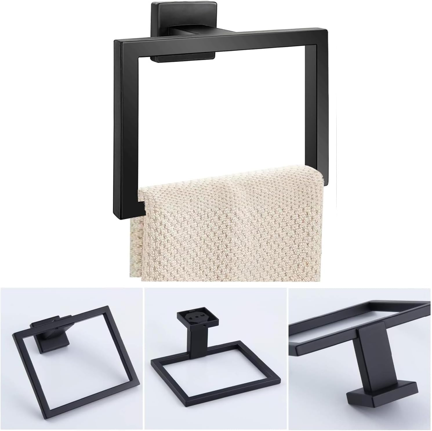 RIKONDA Matte Black Towel Ring Holder - 304 Stainless Steel Bathroom Towel Rack, Modern Square Design with Hidden Screws, Rustproof & Durable for Kitchen, Laundry, Hotels image number 5