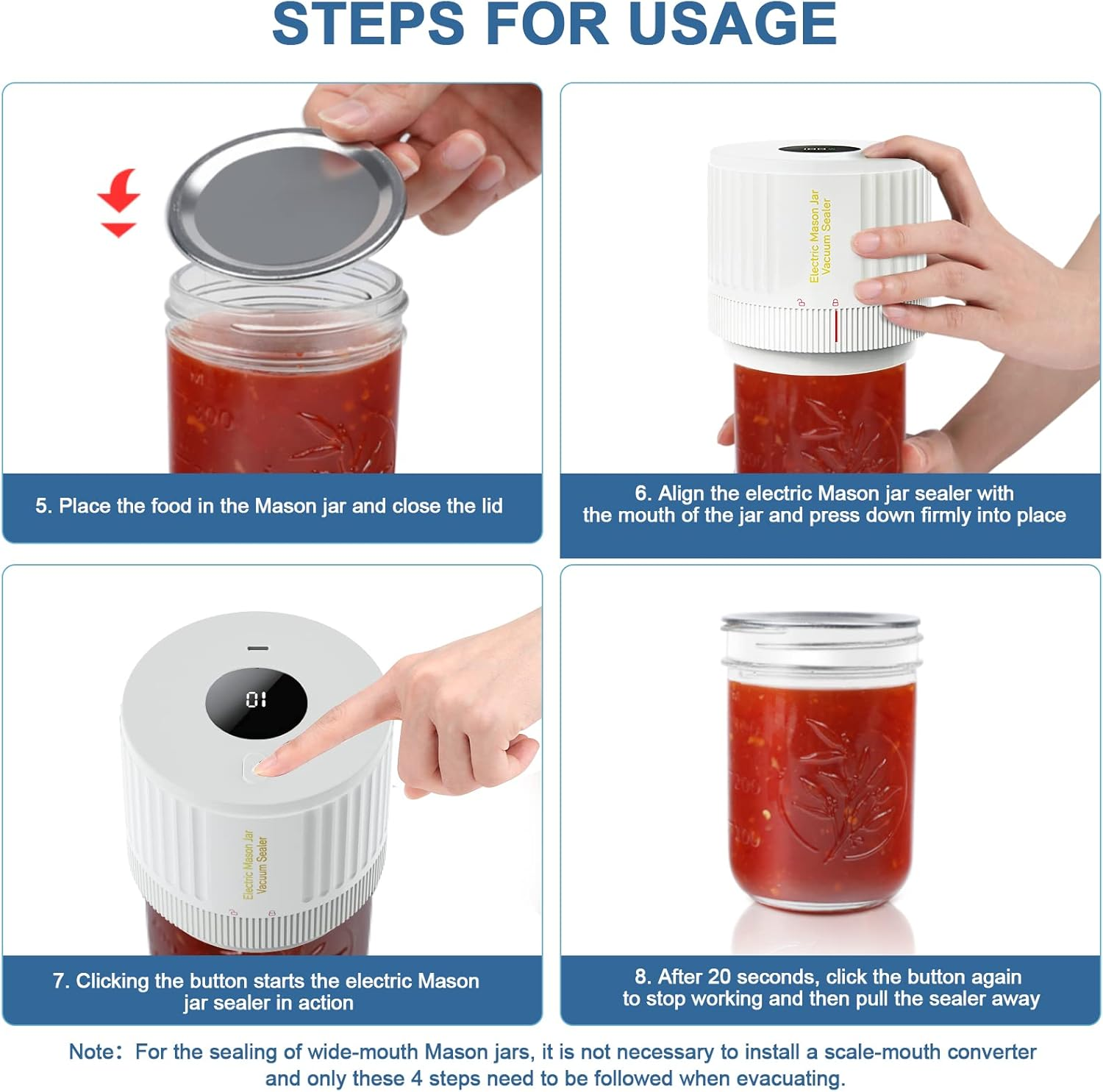 Electric Mason Jar Vacuum Sealer, Cordless Vacuum Sealer Kit for Wide-Mouth & Regular-Mouth Mason Jars, for Food Storage and Fermentation, White - Deep Blue image number 2