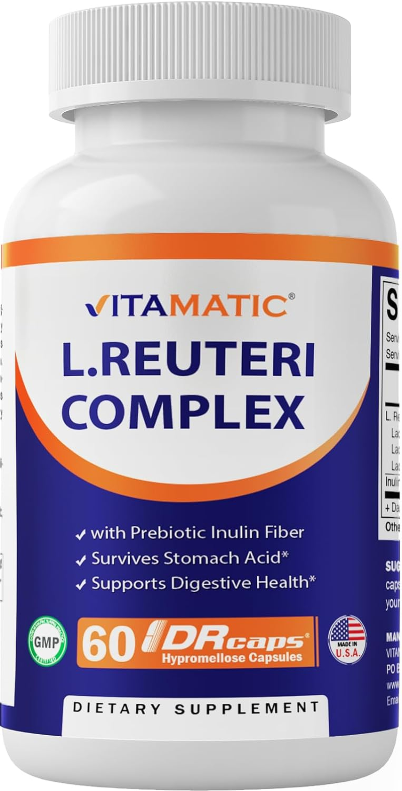 Vitamatic Lactobacillus Reuteri Complex - 22 Billion per DR Capsule - 60 Count - Digestive Support - Made with Prebiotic Inulin Fiber image number 2