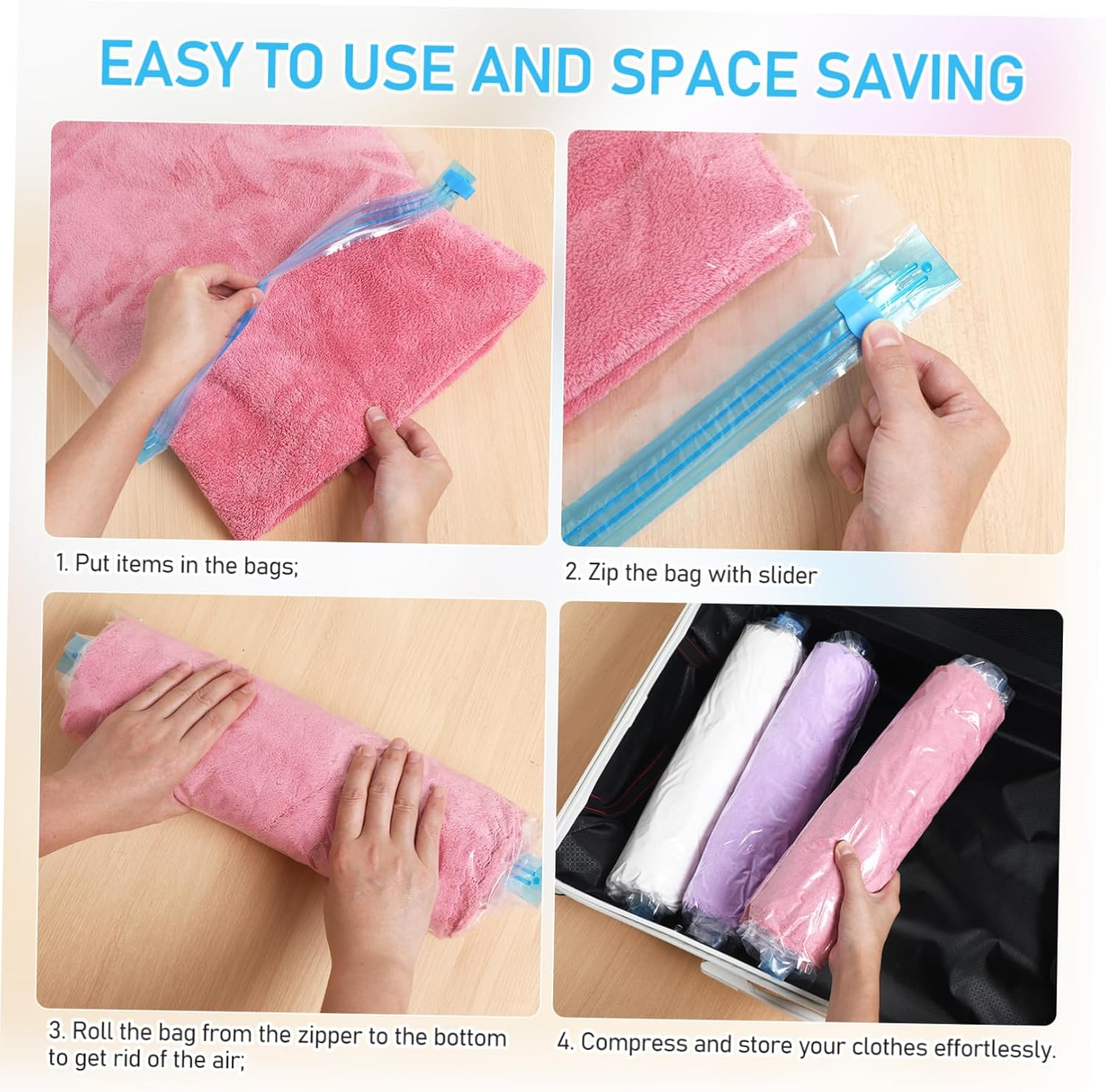 KOMBIUDA 12Pcs Travel Compression Bags Vacuum Storage Bags for Clothes Space Saver Packing Cubes Travel Essentials Double Sealed