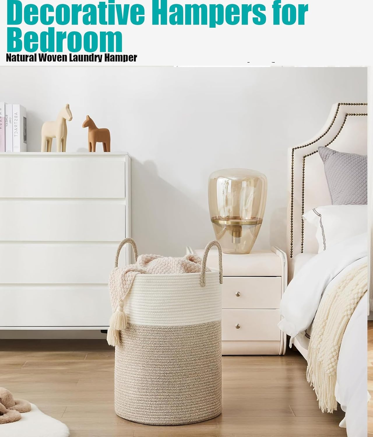 Large Laundry Hamper, Tall Woven Laundry Basket for Blanketfor Toys, Dirty Clothes in Living Rooms, Bathrooms, and Bedrooms; Measures 38&times;50Cm (White and Linen Colors) image number 2