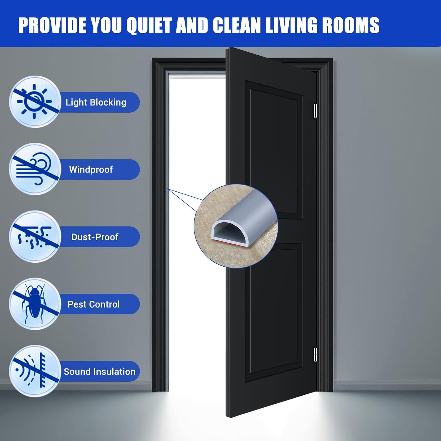 Weather Stripping Door Seal, Self Adhesive Silicone D Shaped Weather Strip, Door Seal Strip for Door Frame/Window Seal, 20Ft, Grey (3/8" W &times; 1/4" T) image number 2