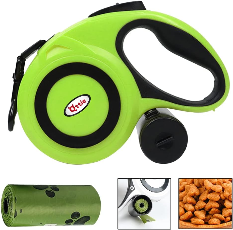 Retractable Dog Leash Lead with Dispenser and Poop Bags, Pet Walking Leash for Large Dog or Cat, Anti-Slip Soft Handle, Tangle Free, Reflective Nylon Tape(Black, 5 Meters, Max Load 50KG)