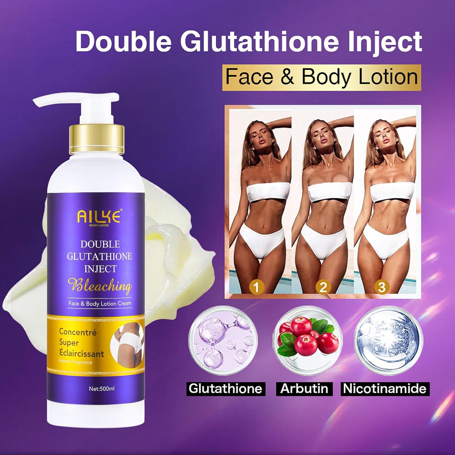 AILKE Double Glutathione Bleaching Body Lotion, Whitening, Even Skin Tone, Remove Dark Spots, with Niacinamide, Arbutin, Perfect for Black, Dark, Caramel Skin, 500Ml (Pack of 1) image number 4