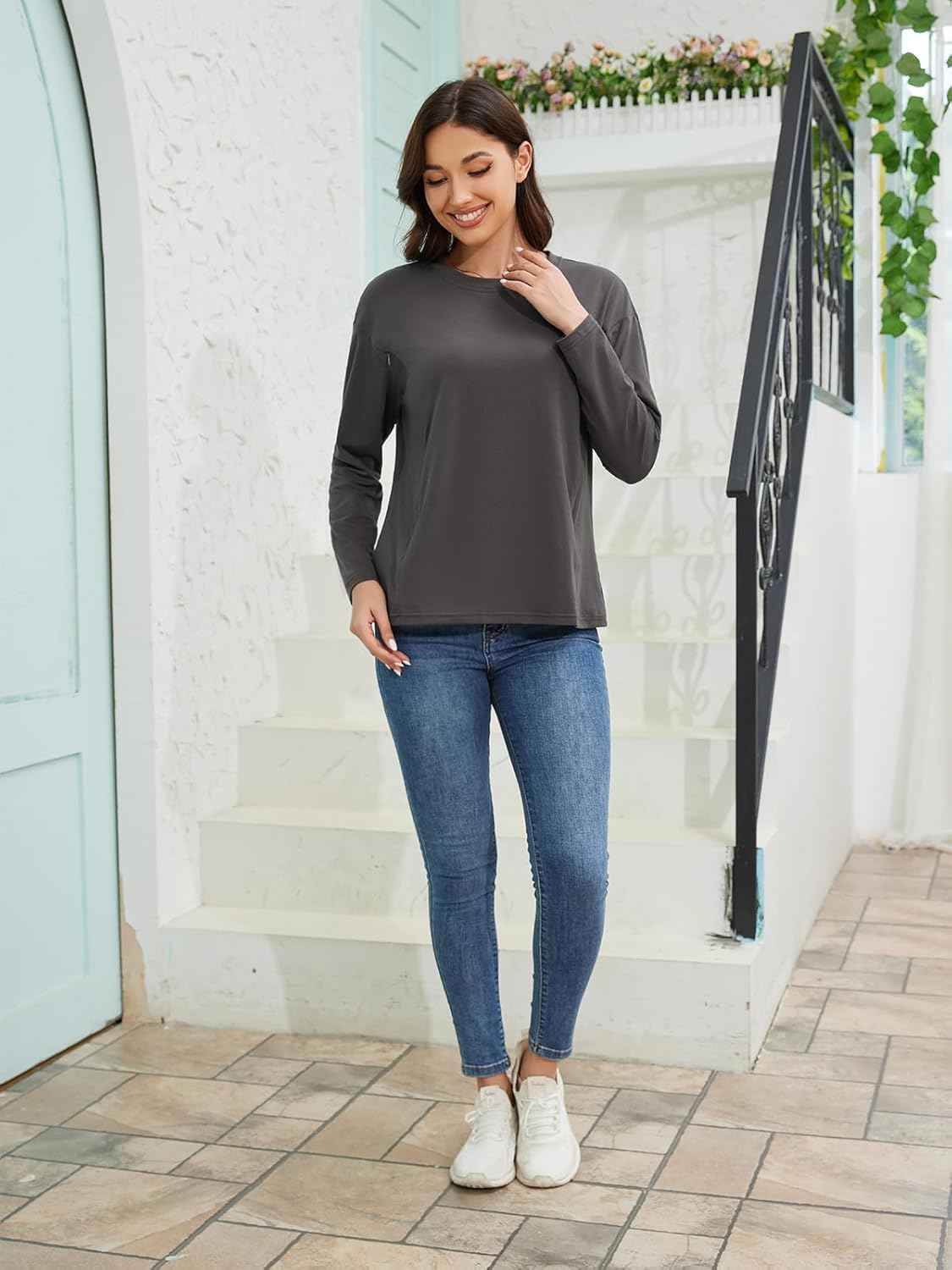 Ecavus Women&rsquo;S Zip Maternity Nursing Tops for Breastfeeding Long Sleeves Casual Nursing Shirts Pregnancy Mama Clothes image number 7