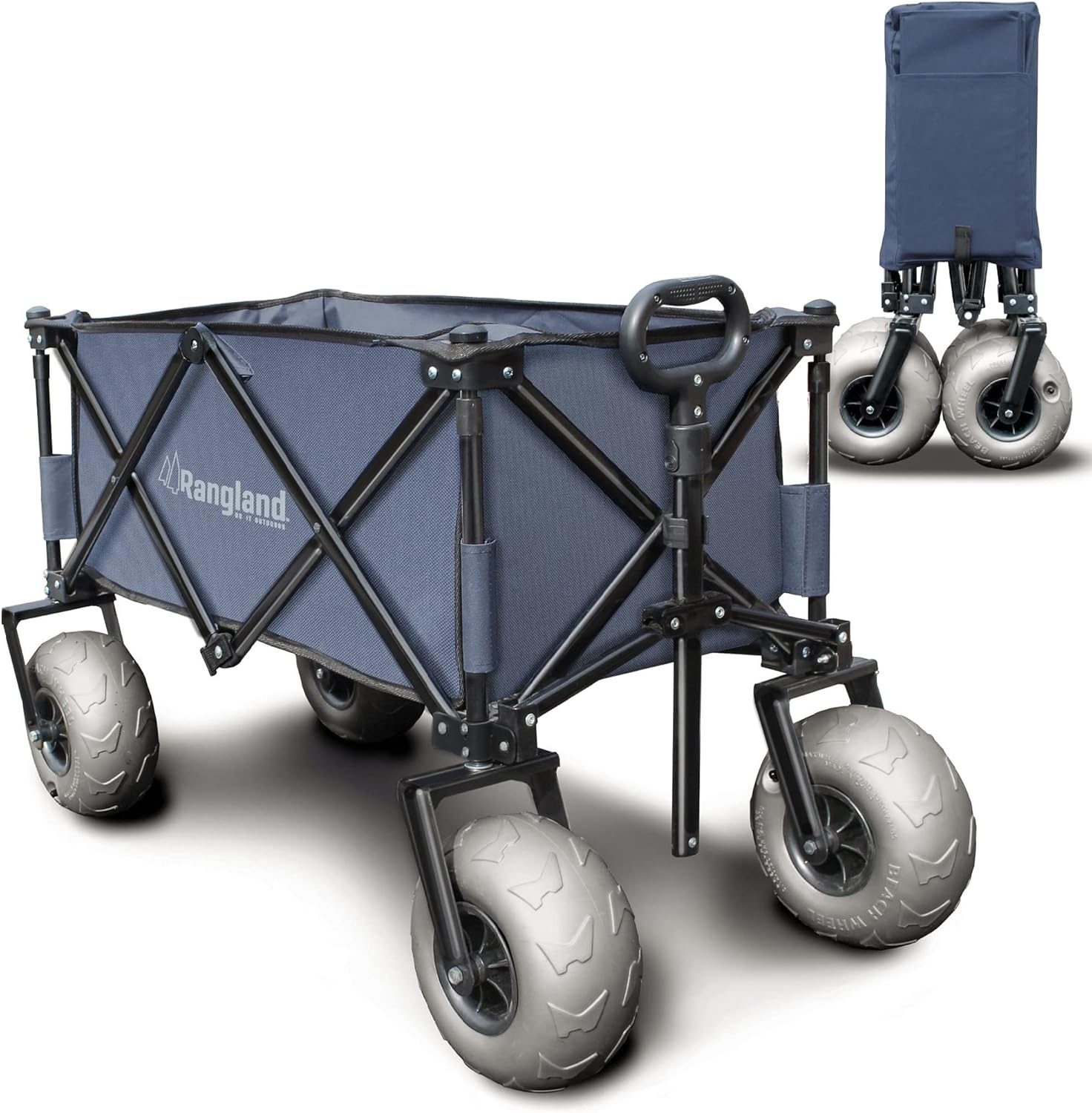 Beach Trolley Wagon with Big Wheels for Sand - All Terrain Steel Frame Utility Cart with 9" Pneumatic Tires, Collapsible Folding Design (Sand Warrior RX800) Navy Blue
