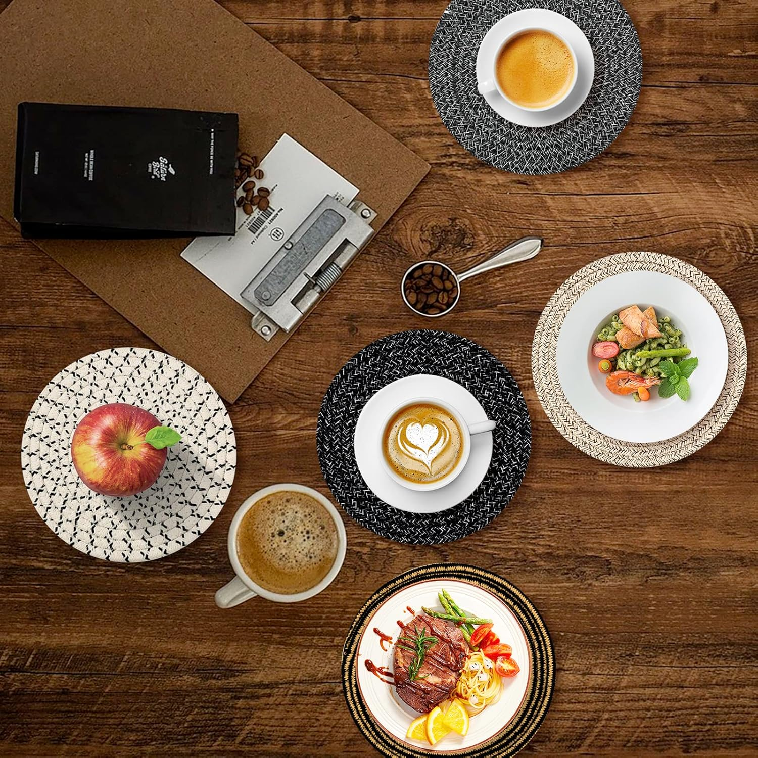 Trivets for Hot Dishes, Large Trivet for Hot Pots and Pans 8 Inches, Hot Pads for Kitchen Table, Coasters Cotton Mat to Protect Counter, Cooking Potholder (Black 5 Pcs) image number 4