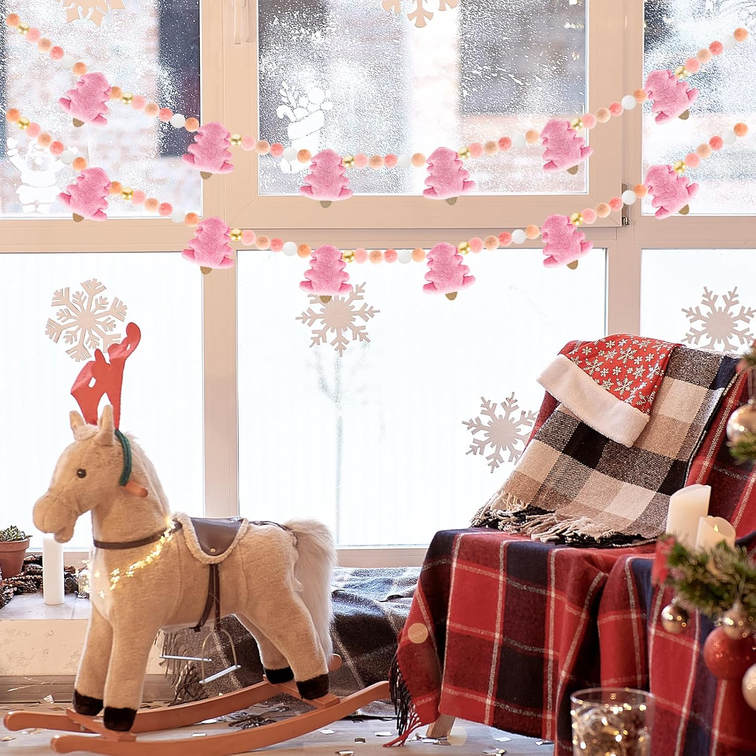 Whaline Christmas Felt Garland 3D Pink Xmas Tree Pom Ball Banner Holiday Decorative Hanging Bunting Garland for Home Mantel Fireplace Window Wall Decor image number 3