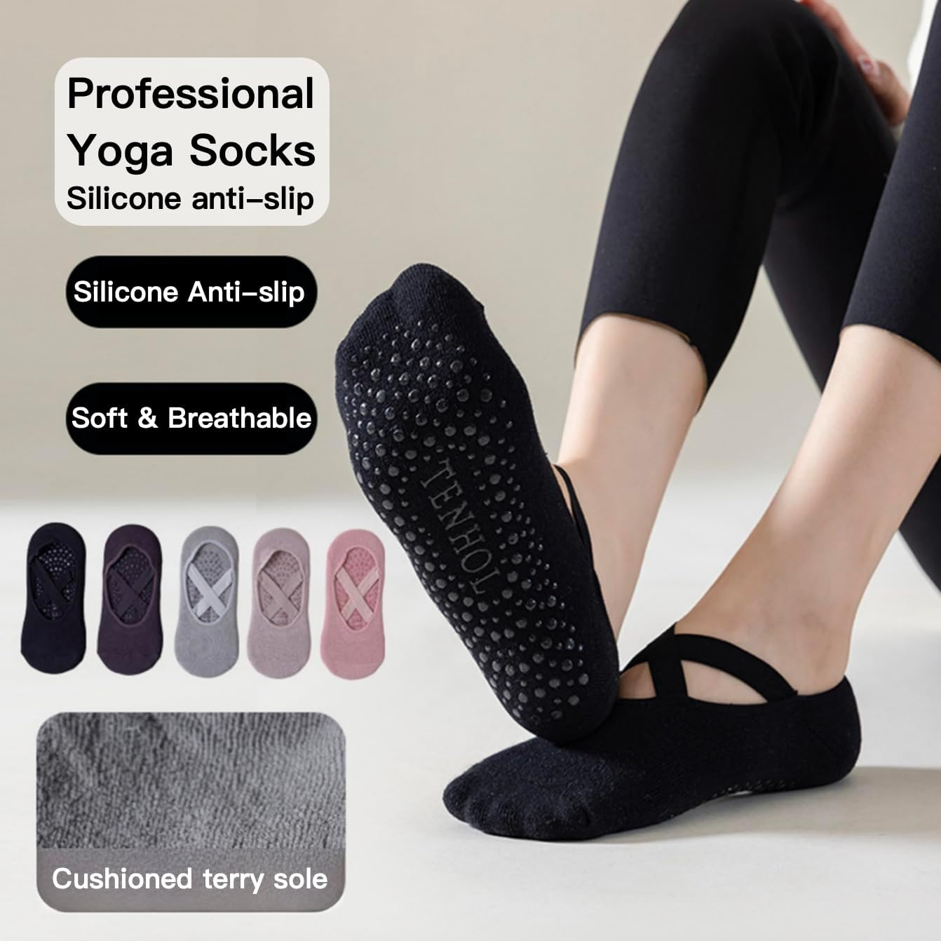 5 Pairs Yoga Socks for Women Non-Slip Grips & Straps, Ideal for Pilates, Pure Barre, Ballet, Dance, Barefoot Workout image number 5