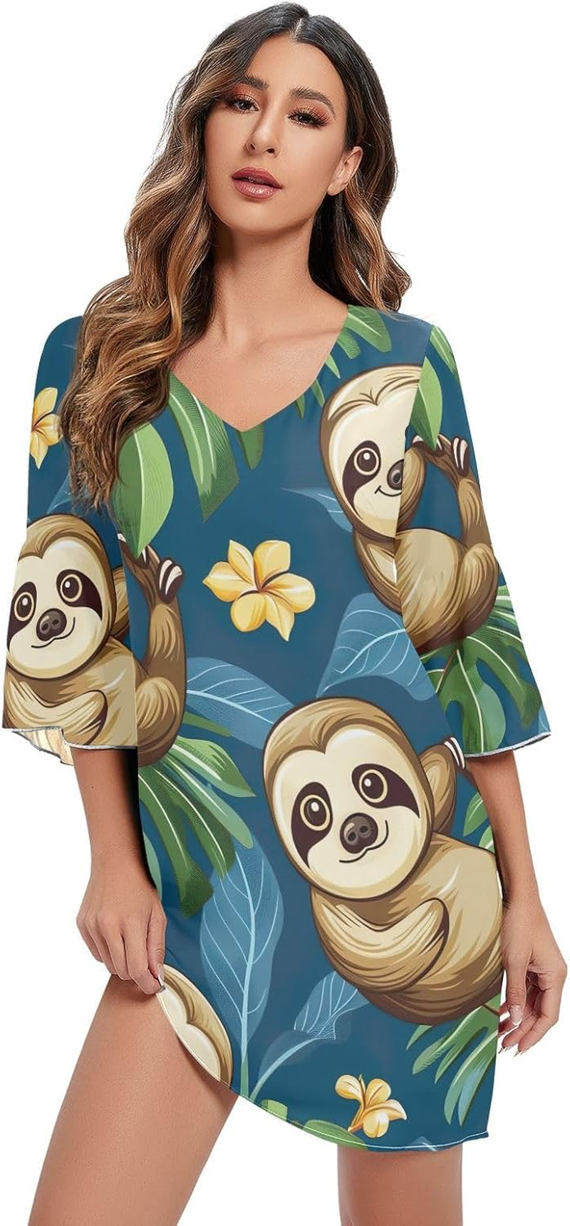 Cute Cartoon Sloth Blue Ladies Chiffon Dress Printed Line Maternity Dress S-XXL image number 3