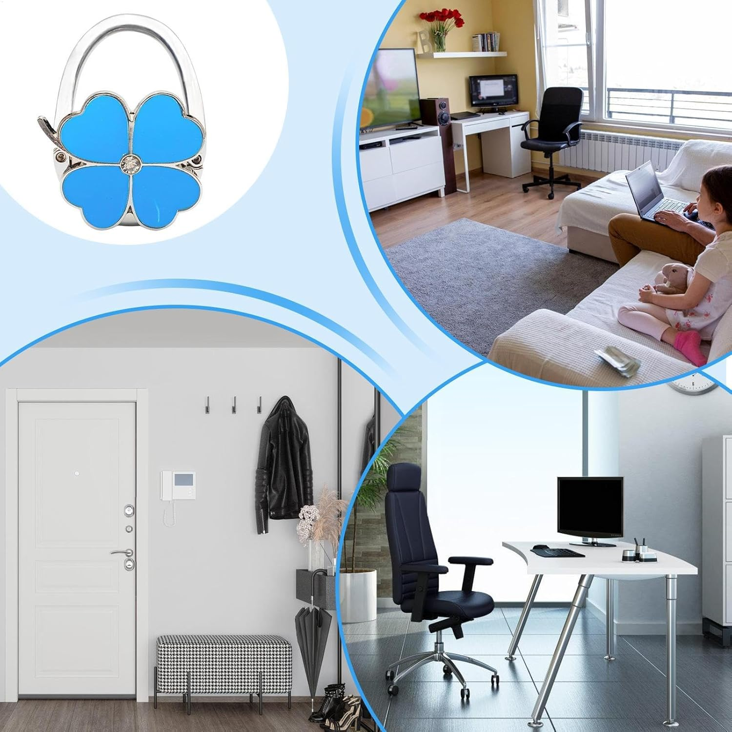 Purse Hook for Table, Folding Wallet Hook | Four Purse Clips Designed in Clover - Pocket Holder, Handbag Organizers, Desk Bag Hanger for Office - Blue image number 6