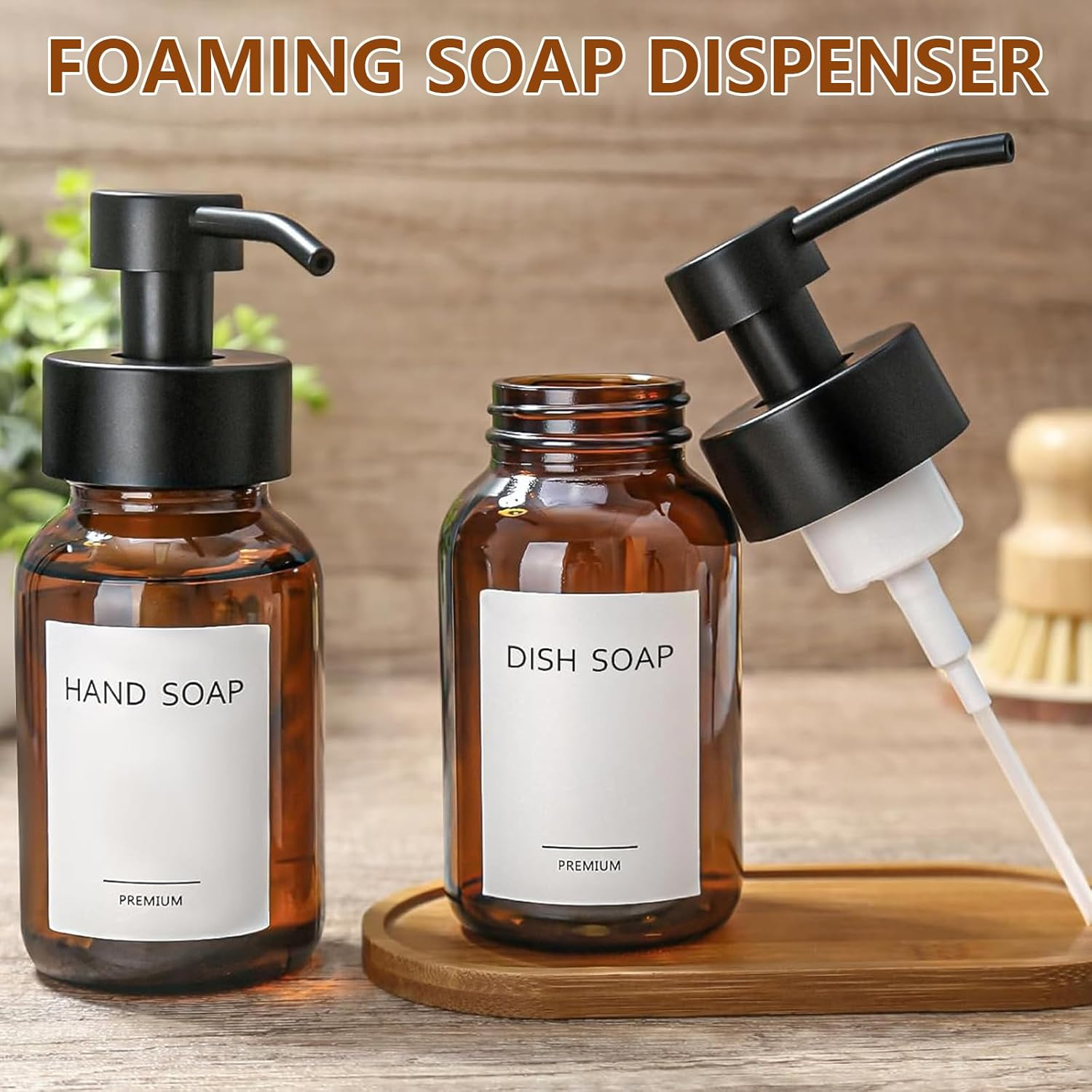 Foaming Soap Dispenser, 8.5 Oz Amber Glass Foam Soap Dispenser for Bathroom & Kitchen, 2 Pack Modern Refillable Foaming Hand Soap Dispenser, Foam Pump Bottle with Waterproof Labels image number 5