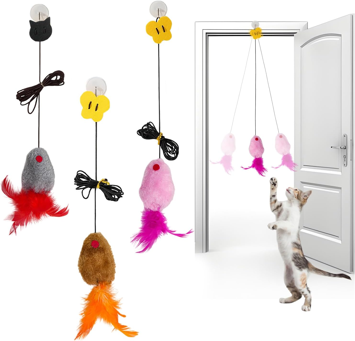 Pack of 3 Cat Toys Self-Employment Hanging Door Frame Elastic Mouse with Squeaky Sound, Interactive Dancer Cat Toy Mice for Cat Run and Boredom Interactive image number 2