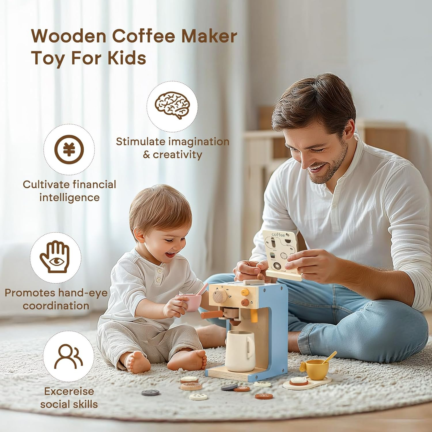 Kids Coffee Maker Playset - Wooden Kitchen Playset Toys - 15PCS Toy Set for Kids Play Kitchen Accessories for Girls & Boys Pretend Play Coffee Maker Toys for Fun image number 5