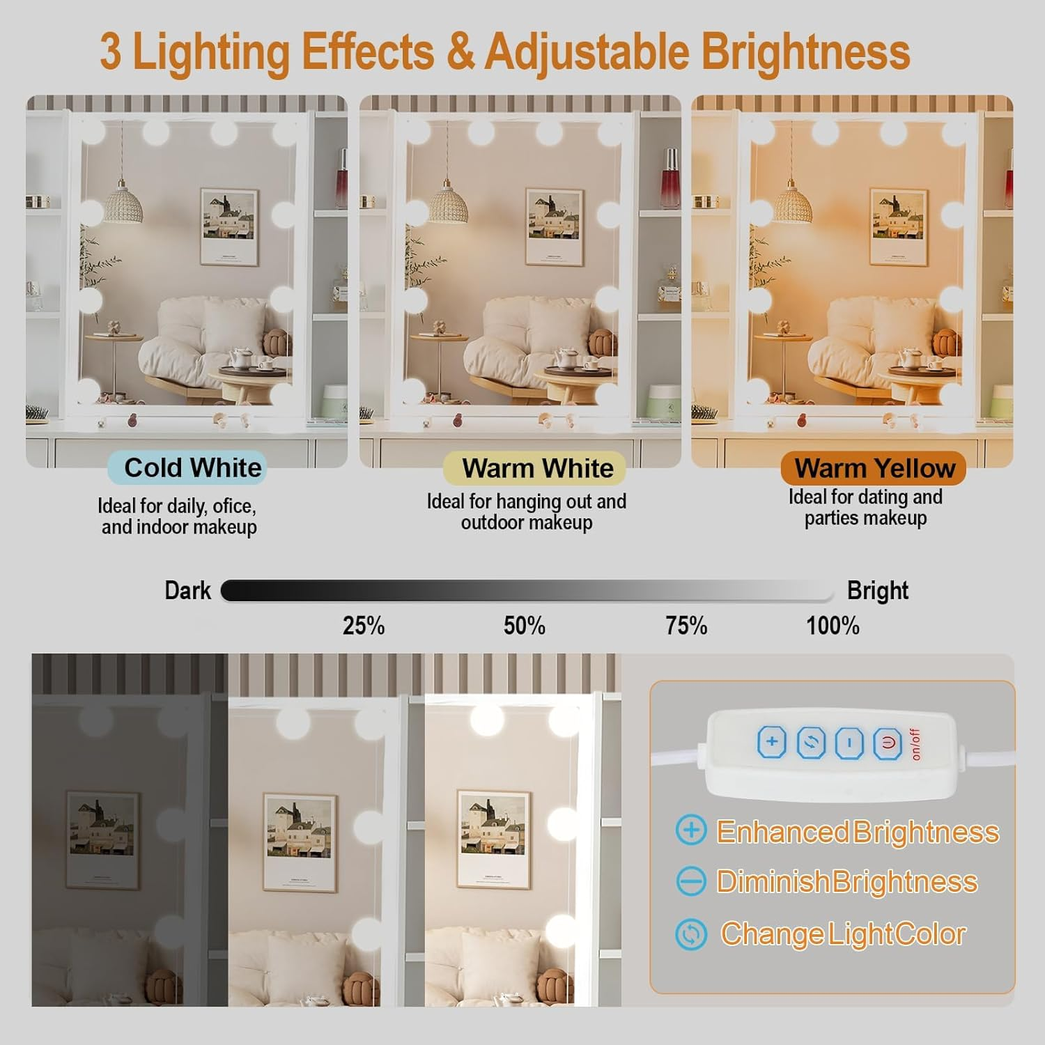 Vanity Table with Mirror and Lights, Vanity Table with 3 Drawers and 2 Doors, Makeup Table with Shelves and Stool, Large Vanity Set for Girls and Women, White image number 1