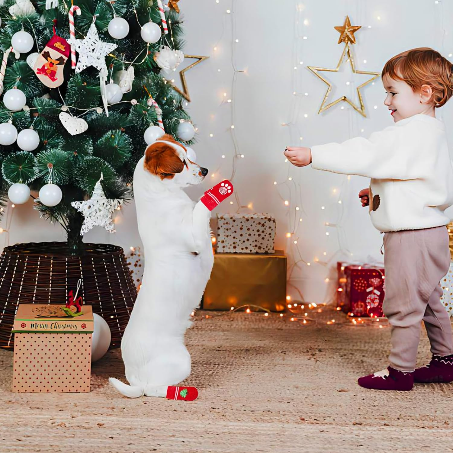 4 Pairs Christmas Dog Socks Anti-Slip Dog Paw Protector Cat Puppy Knit Socks for Indoor Outdoor Grips Traction Control on Hardwood Floor Warm Pet Socks for Small Medium Large Dogs Cat Rabbit (B, L) image number 2