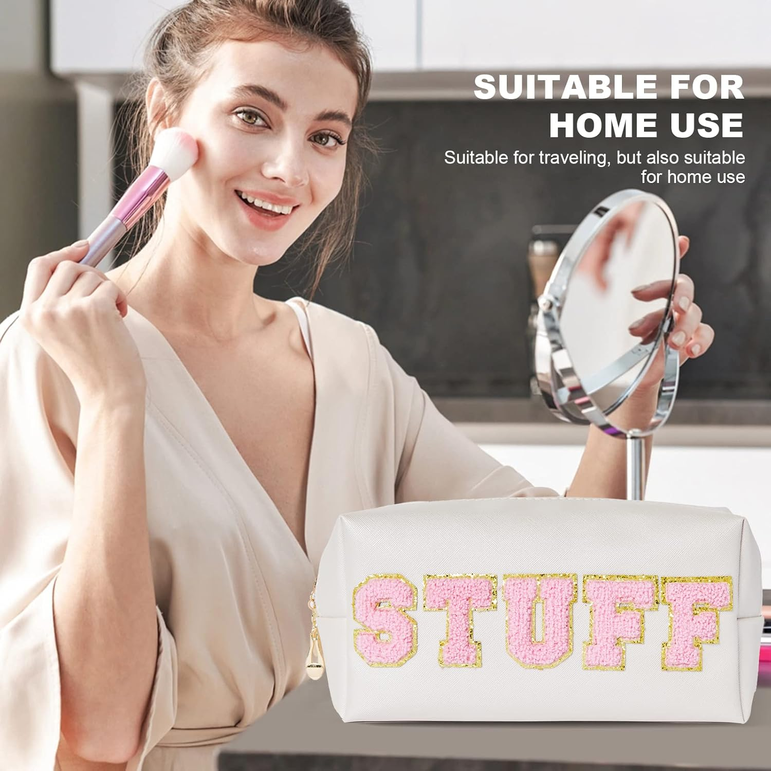 Preppy Patch Stuff Portable Makeup Bag Bulk Pu Leather Cosmetic Bag Waterproof Travel Organizer Zipper Pouch Storage Purse for Women Girls Gift, Hzb-Js-Stuff-1, ZJ2463, Burskit Preppy Patch - Hzb-Js-Skin-1 image number 5