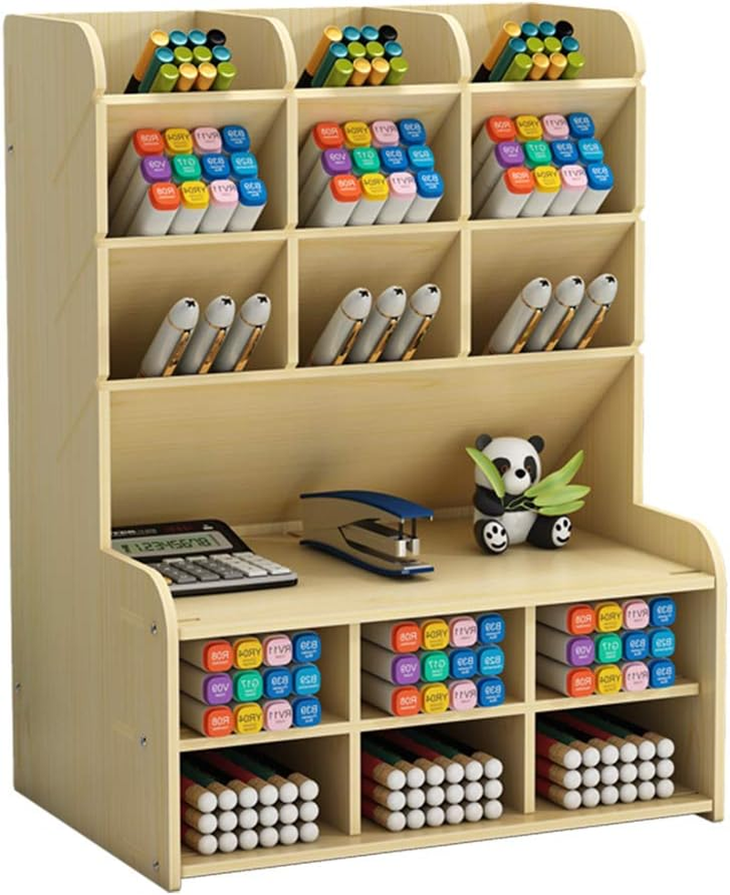 Wooden Desk Organizer with Drawer, Large Capacity DIY Pen Holder Storage Box Desktop Stationary Storage Rack, Pen Organizer Caddies for Office, Home and School Supplies (B16-Black)