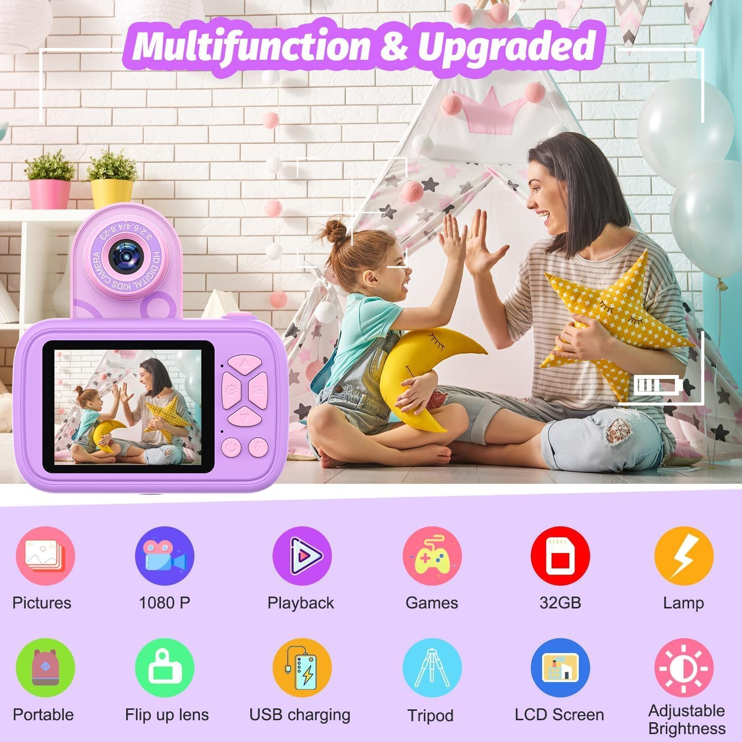 ZONEY Kids Camera Toys,Children'S Camera with Flip-Up Lens for Selfie & Video, 32G 1080P HD Digital Camera with Flash Lamp, Video Recorder, Birthday Gifts for Boys Girls (Purple) image number 4