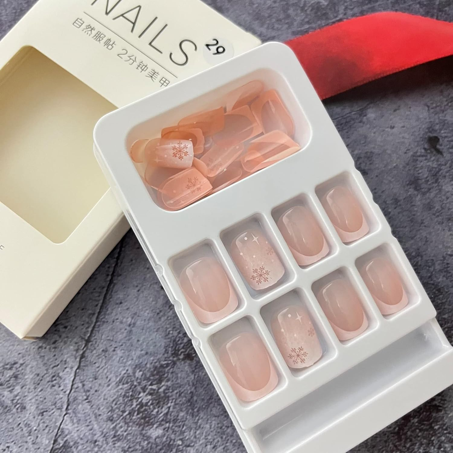 Christmas Press on Nails Short Square Fake Nails French Tip Acrylic Nails Cute White Snowflake Full Cover Stick on Nails Xmas Manicure Decorations False Nails for Women Girls image number 5