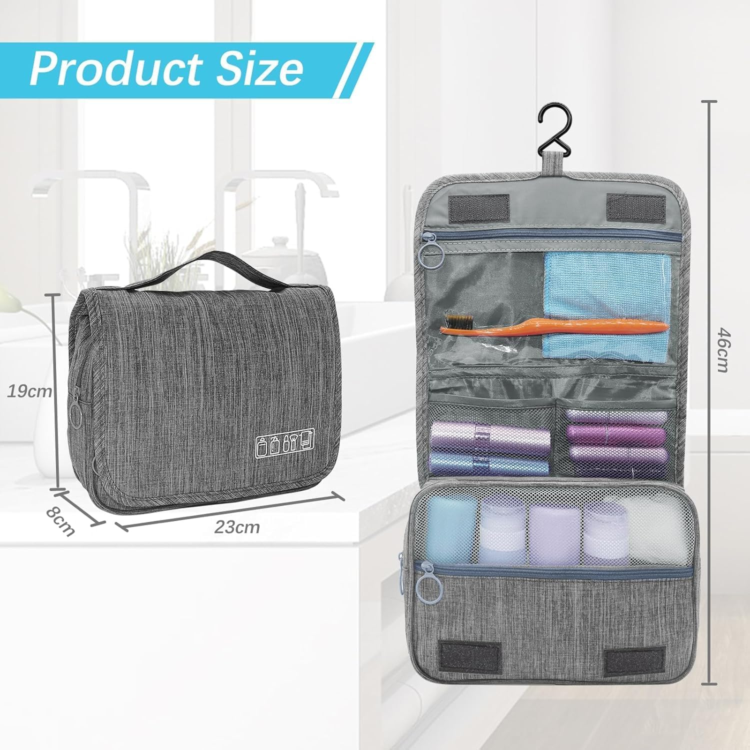 Hanging Toiletry Bag, Foldable Travel Toiletry Bag, Cosmetic Wash Bag with Zipper Carry Handle, Waterproof Makeup Bag Organizer Pouch for Men and Women Grey image number 4