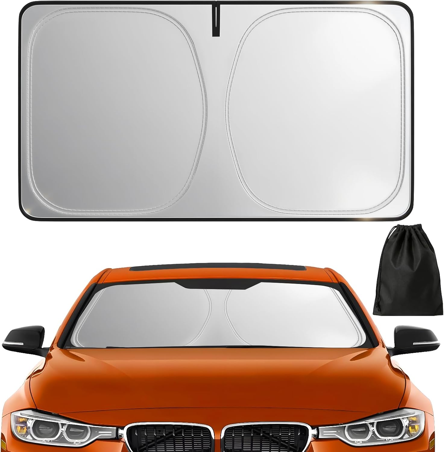 Extra-Large Size Car Window Shade for Reducing the Temperature and UV Rays, Car Sunshade Front Windshield Is Suitable for Most Car Models with Bendable Handle (Black, 140 X 80 Cm)