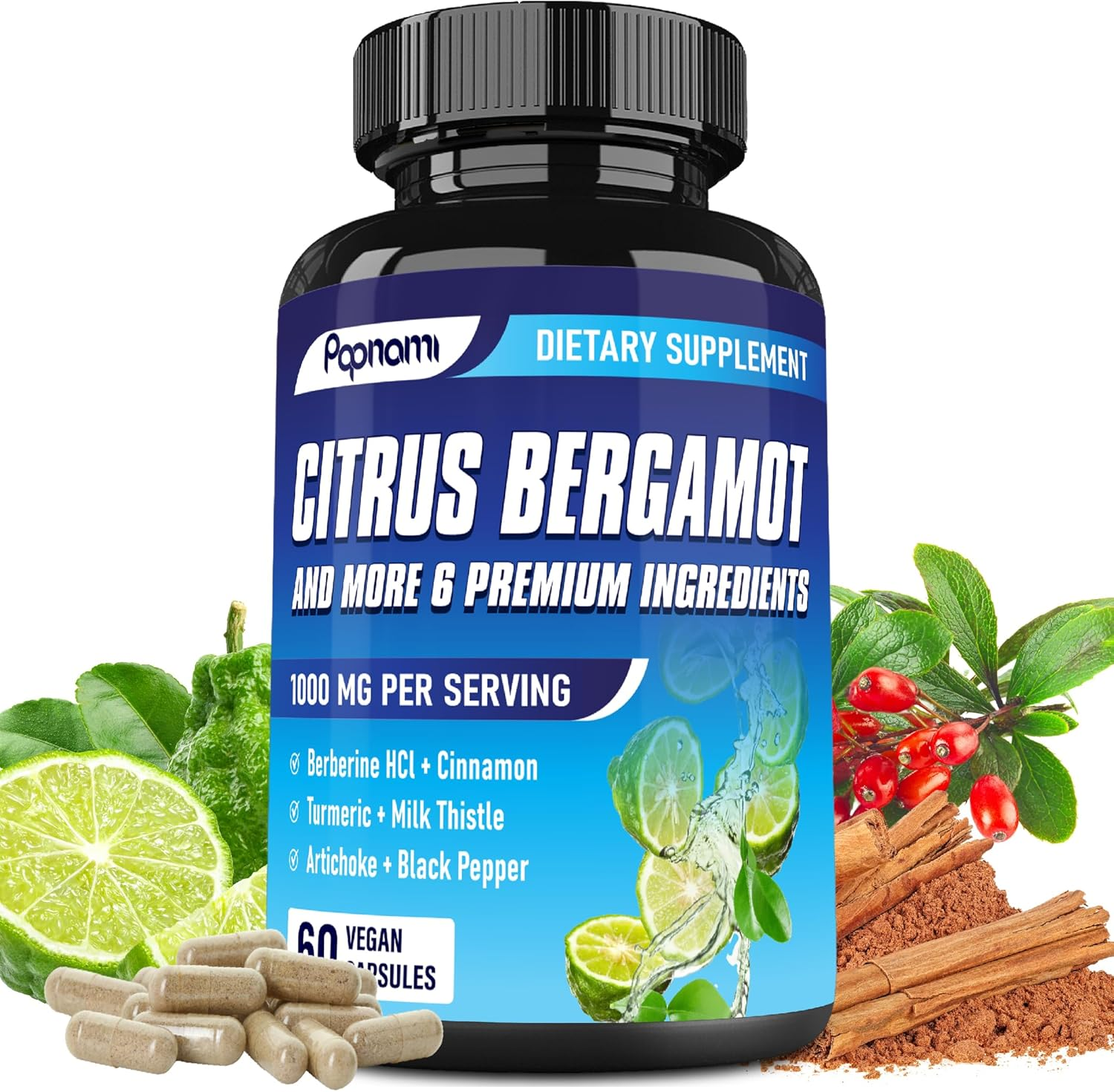 Papnami 7In1 Citrus Bergamot Supplement - Blended with Berberine Hcl, Cinnamon Bark, Turmeric, Milk Thistle, Artichoke Leaf & Black Pepper | 60 Count image number 2