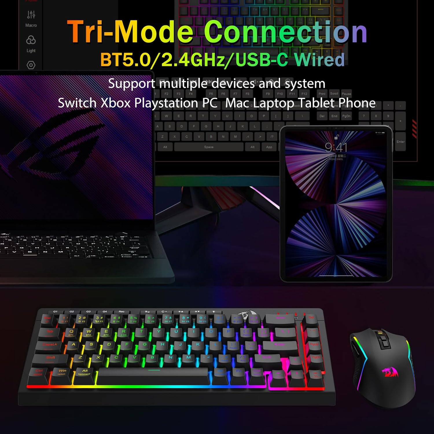 Redragon Portable Wireless Gaming Keyboard, Extra On-Board Macro Keys, Bluetooth/2.4Ghz/Usb-C, RGB Backlit, Anti-Ghosting, Rechargeable, Software Support, 60% Quiet Membrane Keyboard image number 4