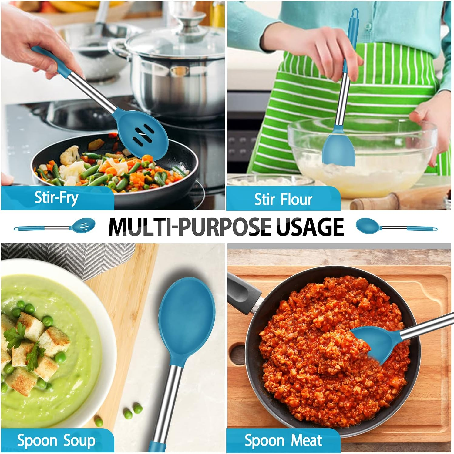 Pack of 4 Large Silicone Cooking Spatulas and Spoons, Slotted and Solid Stainless Steel Cooking Utensils Set, Non-Stick Heat Resistant Kitchen for Baking, Fried, Stir-Fry, Mixing, Serving (Blue) image number 3