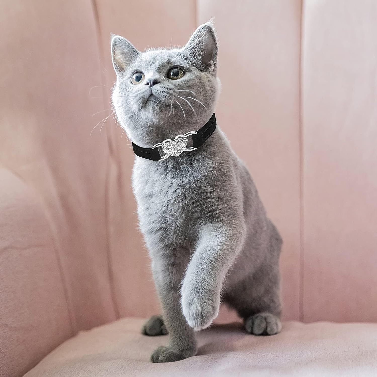 Heart Bling Cat Collar, Adjustable Collar with Safety Belt and Bell Rhinestone Collar for Kitten Small Dog Cat (Black) - Pink image number 4