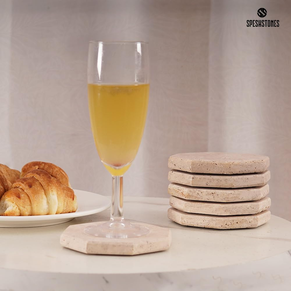 SPESHSTONES Travertine Coasters Set of 6 for Drinks 3.75 Inch Handmade Marble Stone Drink Coaster for Coffee Table, Dining & Kitchen Decor, Home & Office Essentials image number 4