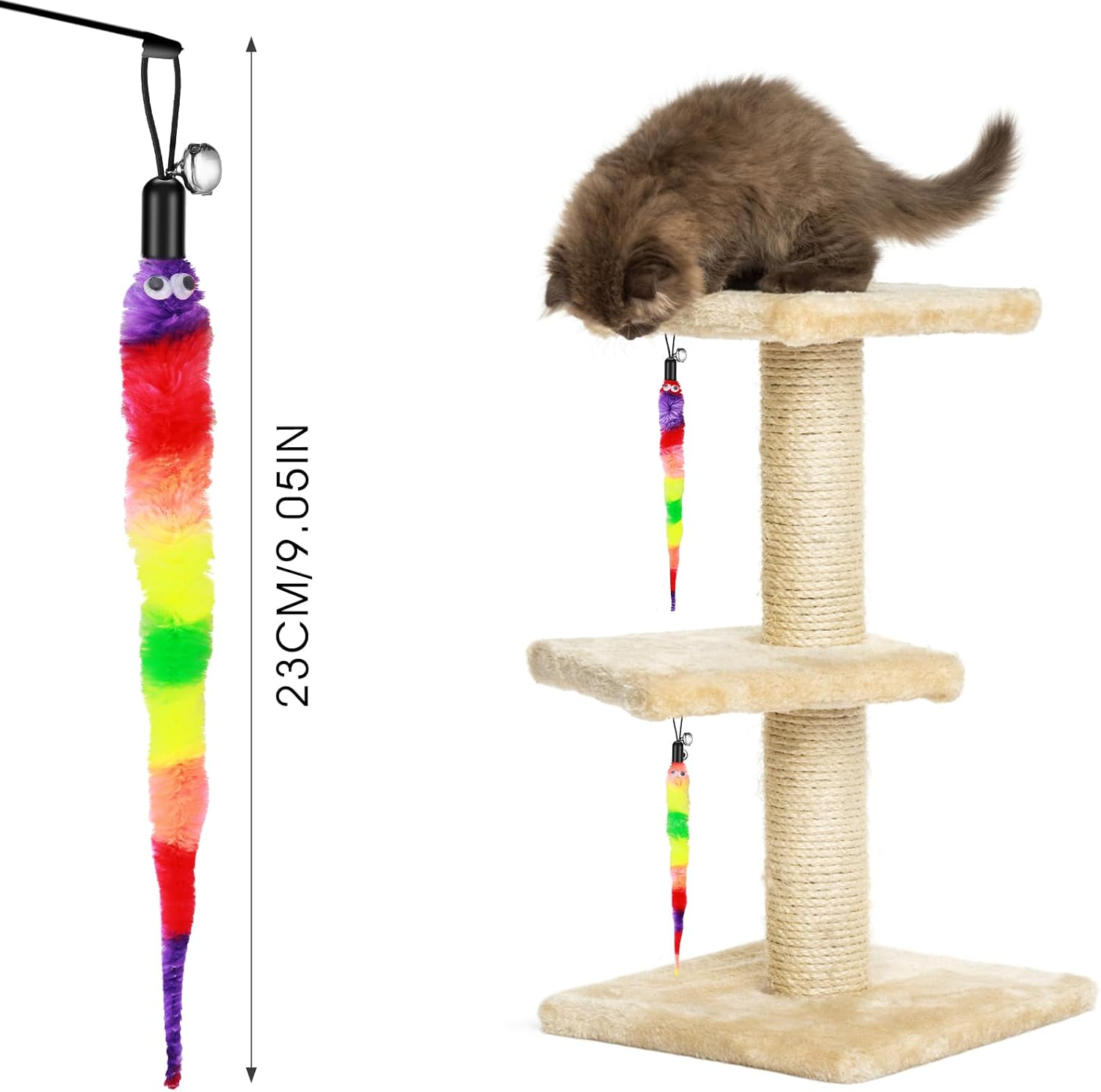 Amaxiu Rainbow Cat Wand Toy - 12Pcs Replacement Refills, Interactive Feather Toys with Bells for Indoor Cats and Kitten Training - Fluffy Worms Accessories image number 6