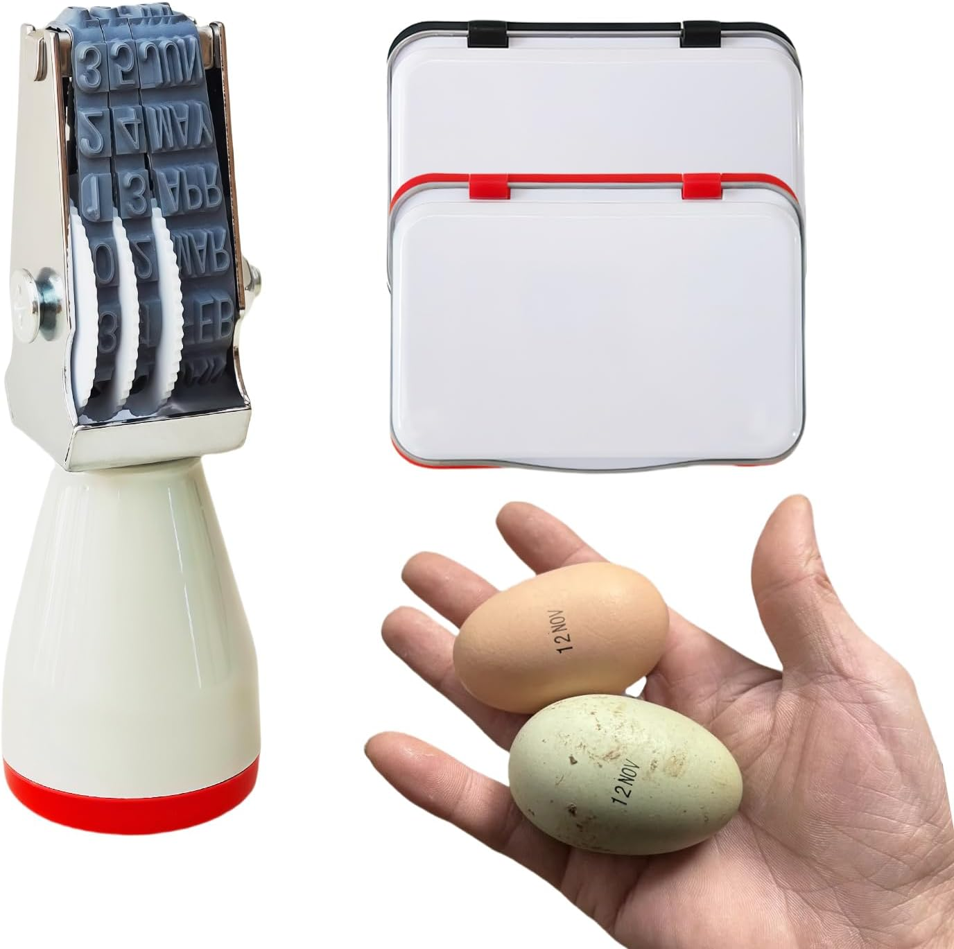 Egg Dating Stamp Kit with 4Mm Rubber Stamper, Black and Red Ink Pads, for Farm Fresh Eggs, Chicken Duck Turkey Eggs (White) image number 1