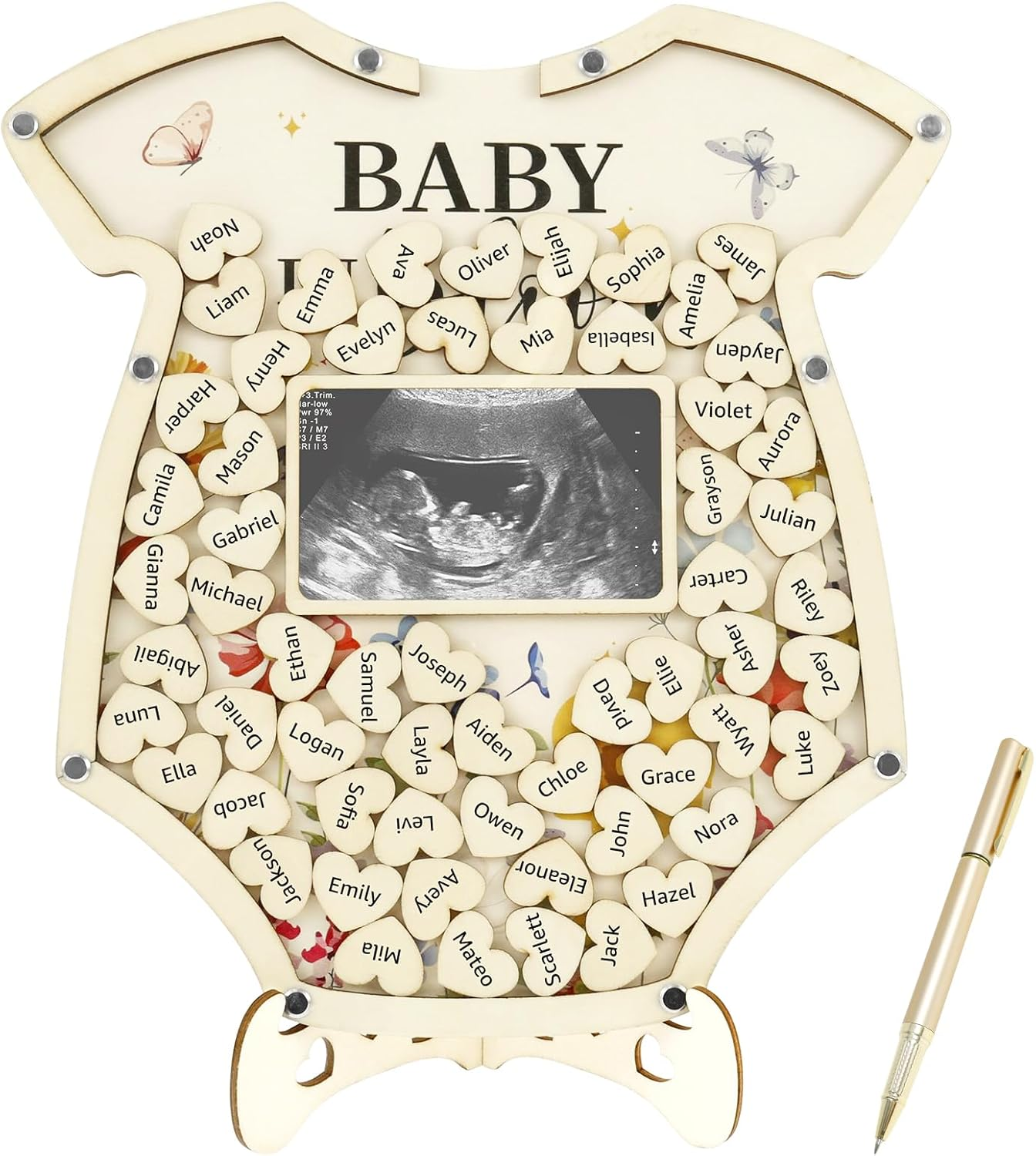 Wood Baby Shower Guest Book Record Growth Baby Shower Picture Frame with Stand and Pen Guest Book Alternative for Party image number 6