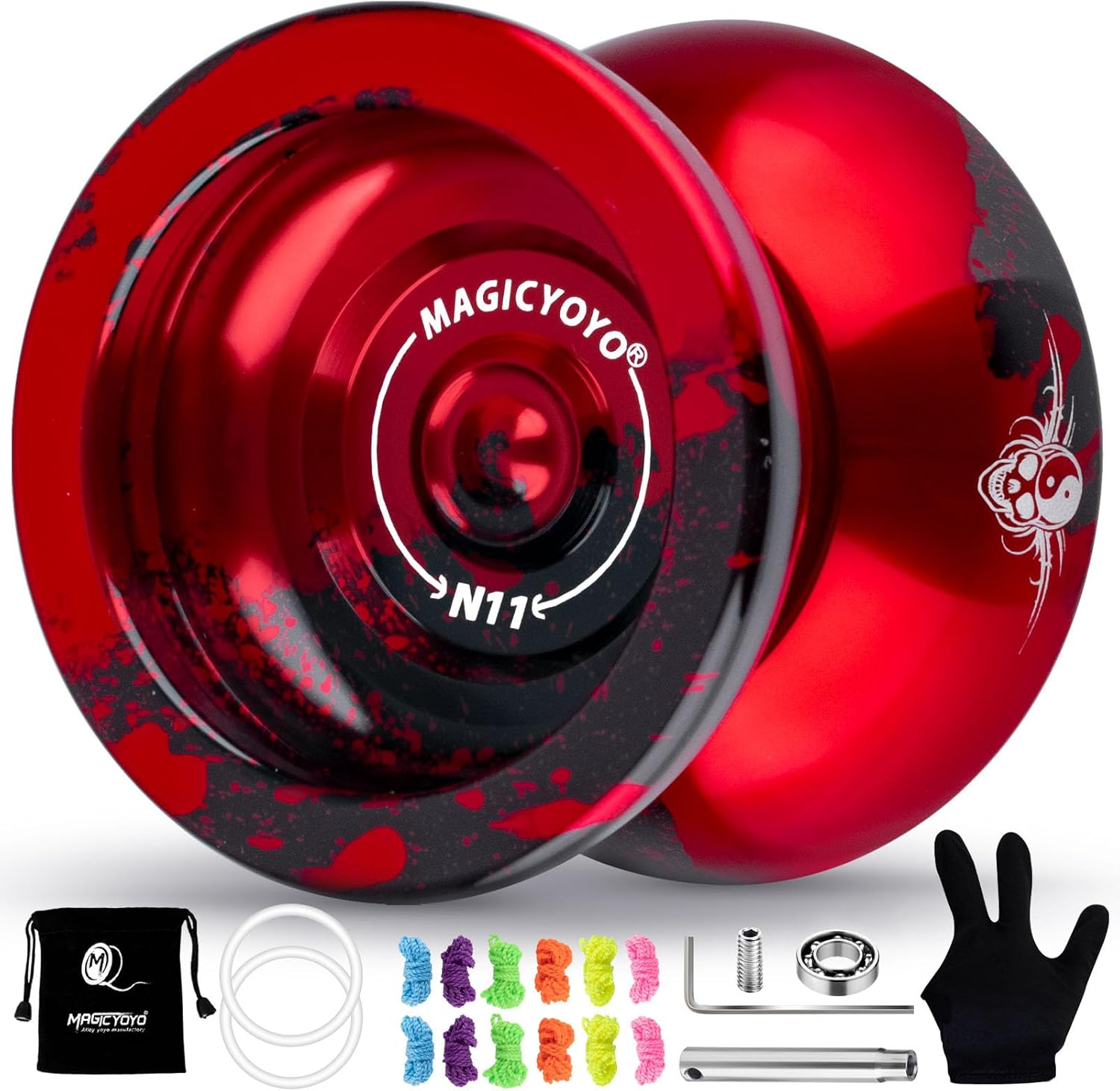 MAGICYOYO N11 Professional Unresponsive Yoyo & Responsive Yo Yo for Kids 8-12 or above Alloy Aluminum Yo-Yo with Yoyo Bag, 1 Glove, 12Strings and Responsive Bearing Kit (Black Red) image number 5